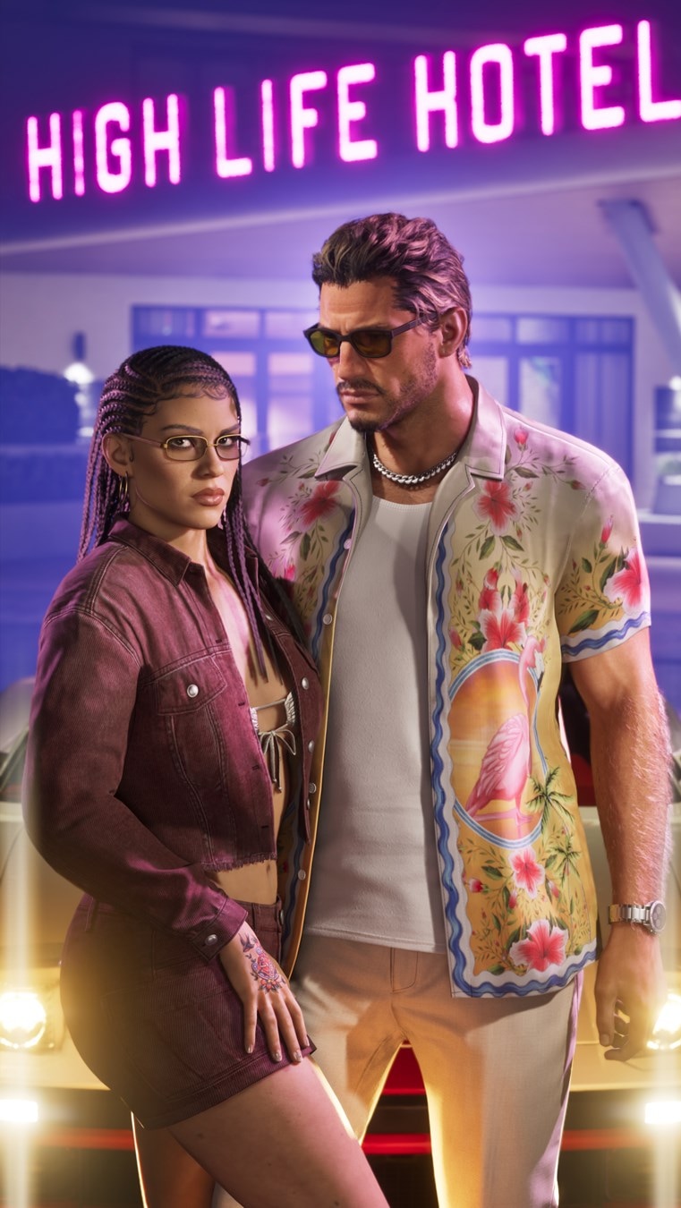 Jason Duval et Lucia Caminos devant le High Life Hotel dans GTA VI