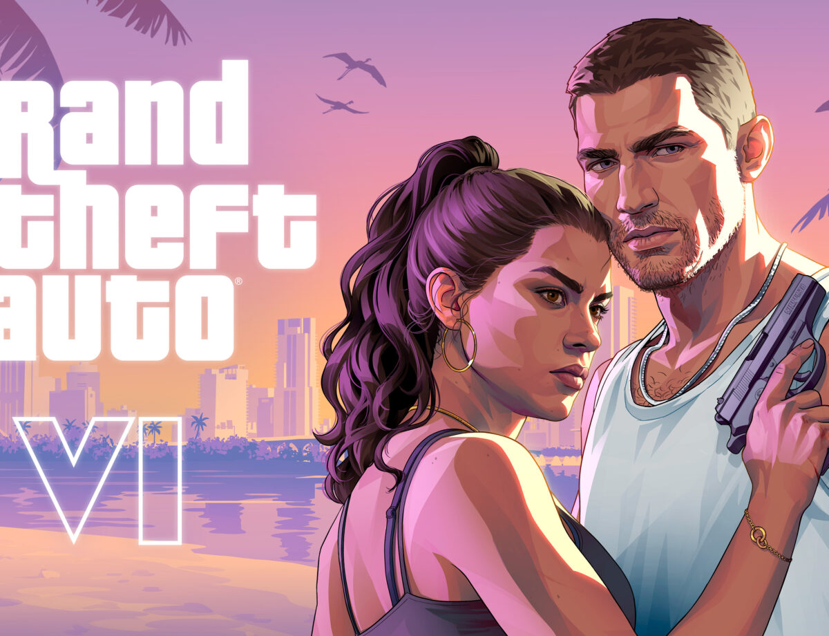 Jason Duval et Lucia Caminos devant le skyline de Vice City, illustration officielle GTA VI