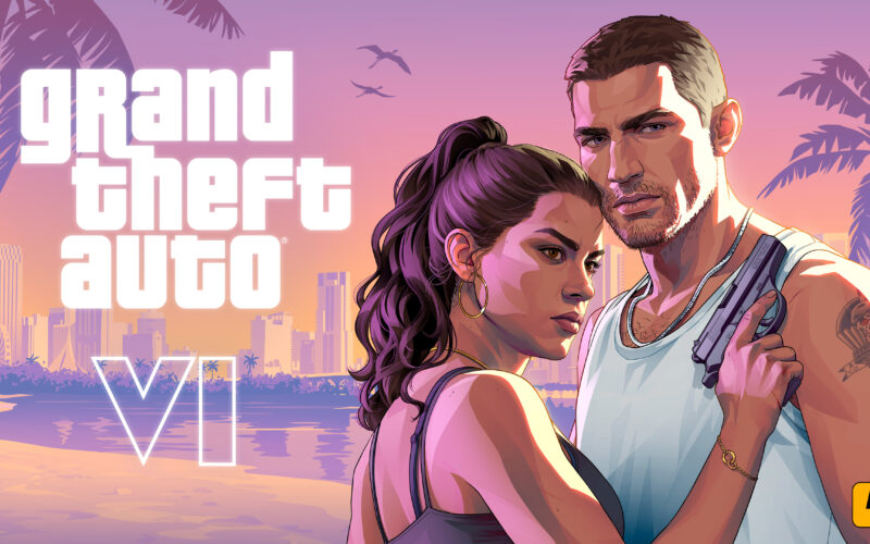 Jason Duval et Lucia Caminos devant le skyline de Vice City, illustration officielle GTA VI