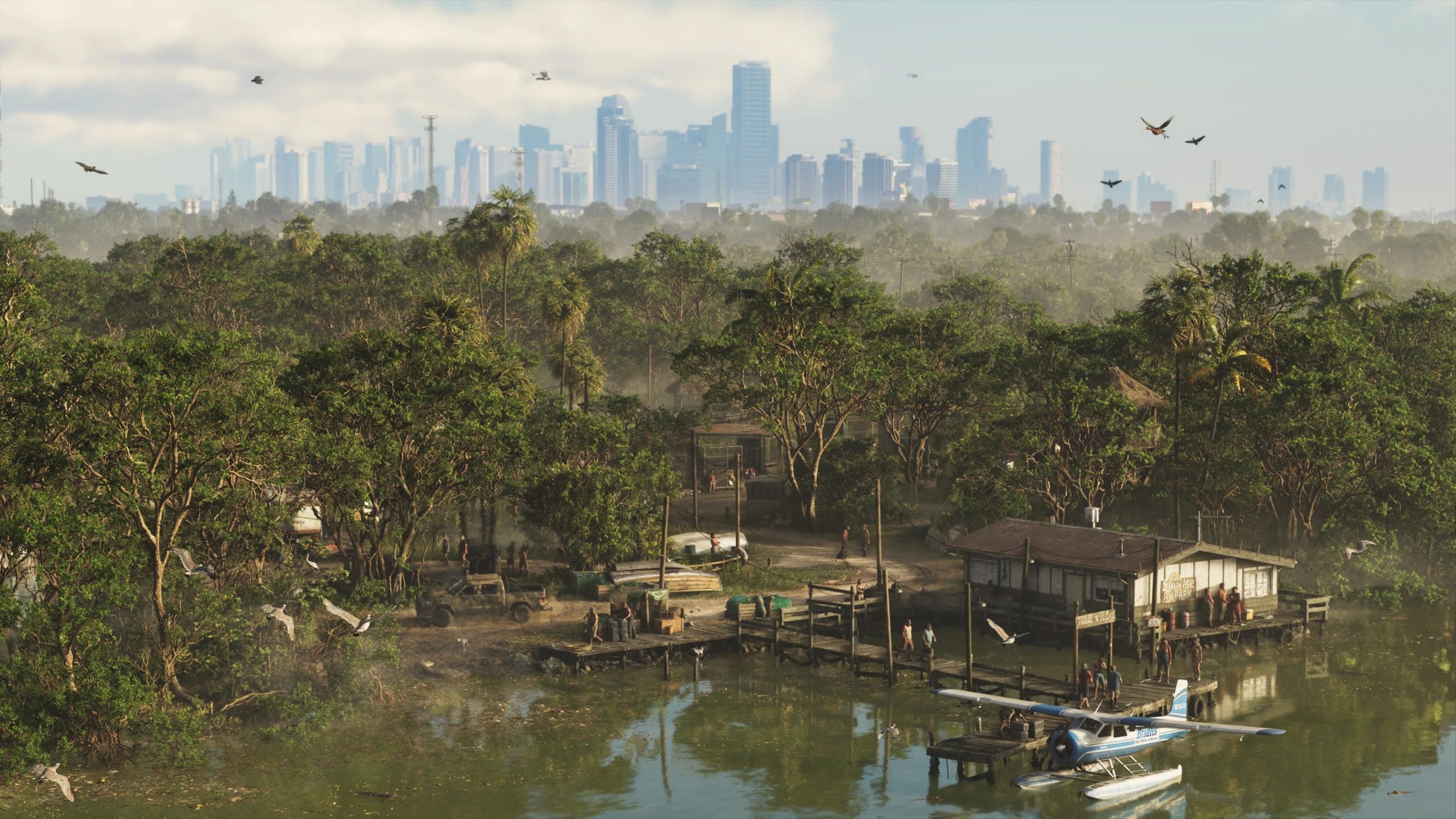 Vue aérienne des marais de Leonida avec Vice City en fond