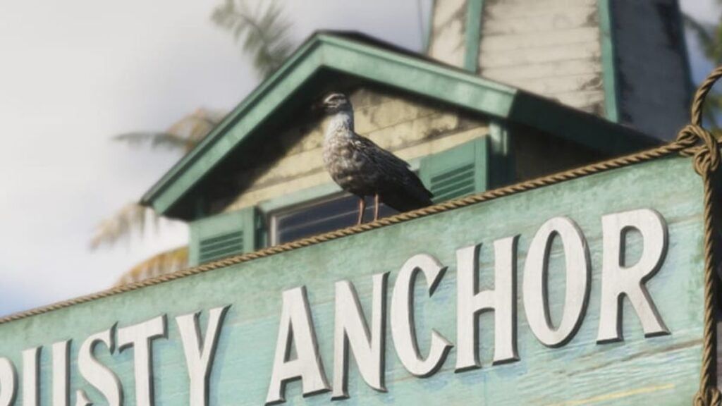 Une mouette posée sur une enseigne de bar à Vice City dans GTA VI