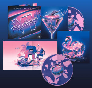 Coffret du vinyle édition limitée de Grand Theft Auto VI The Album, avec disques remplis de liquide bleu