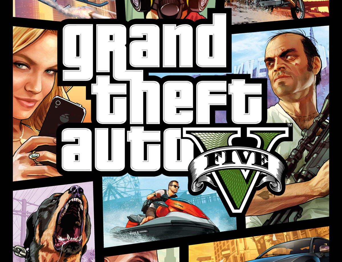 Visuel officiel de Grand Theft Auto V avec Trevor, Michael, Franklin, Chop et une mosaïque de scènes de Los Santos