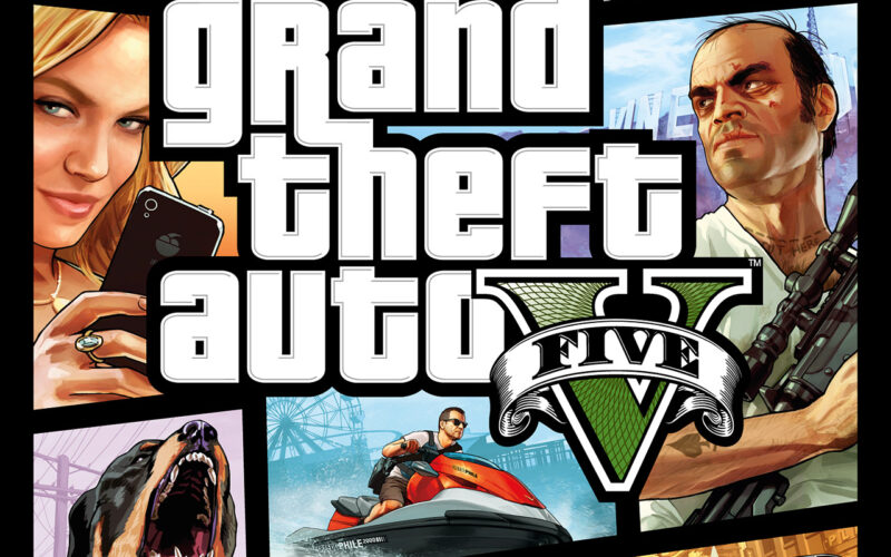 Visuel officiel de Grand Theft Auto V avec Trevor, Michael, Franklin, Chop et une mosaïque de scènes de Los Santos