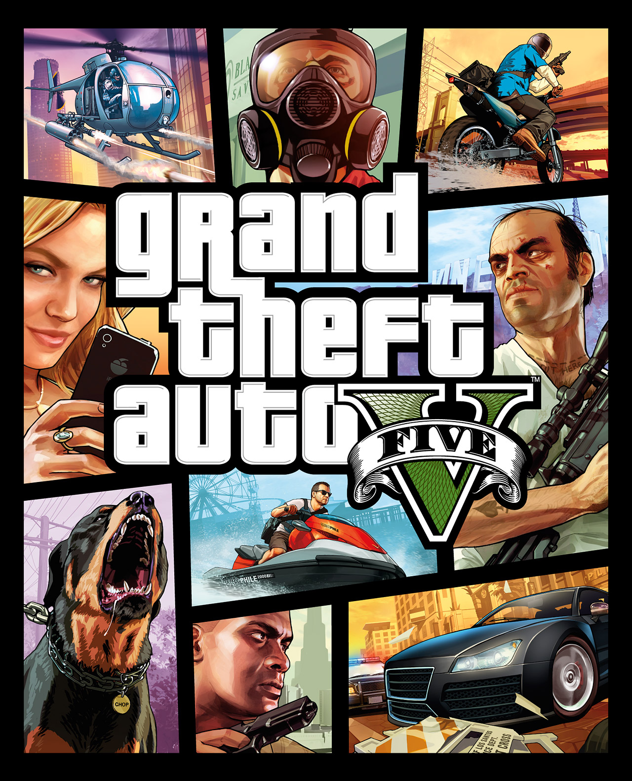 Visuel officiel de Grand Theft Auto V avec Trevor, Michael, Franklin, Chop et une mosaïque de scènes de Los Santos