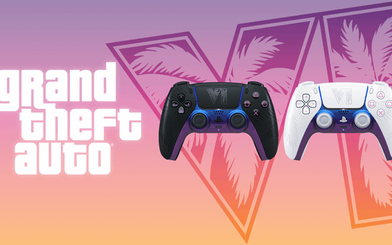 Deux manettes DualSense PS5 édition limitée GTA VI, une noire et une blanche, devant un logo Vice City aux couleurs du coucher de soleil