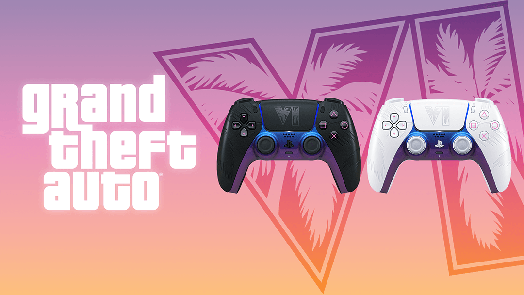 Deux manettes DualSense PS5 édition limitée GTA VI, une noire et une blanche, devant un logo Vice City aux couleurs du coucher de soleil