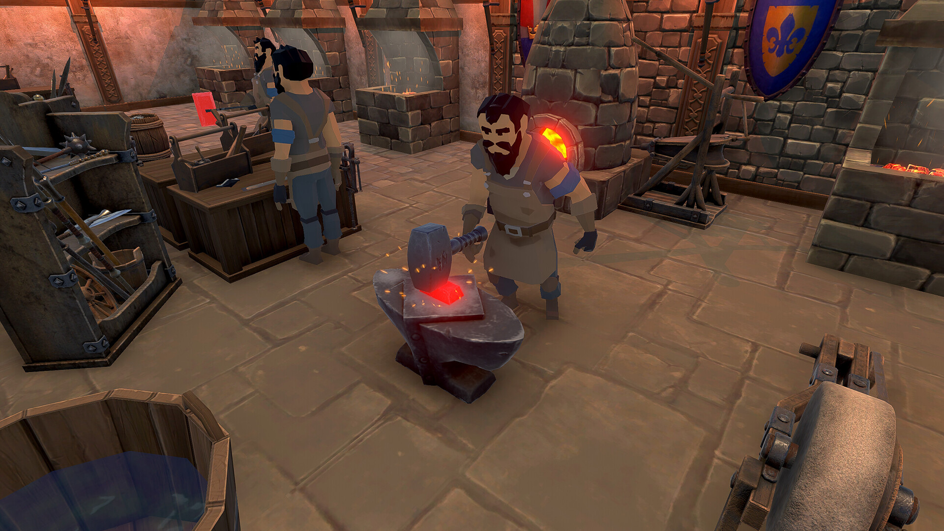 Capture de Blacksmith Master : un forgeron frappe une pièce de métal rougie sur une enclume dans un atelier médiéval