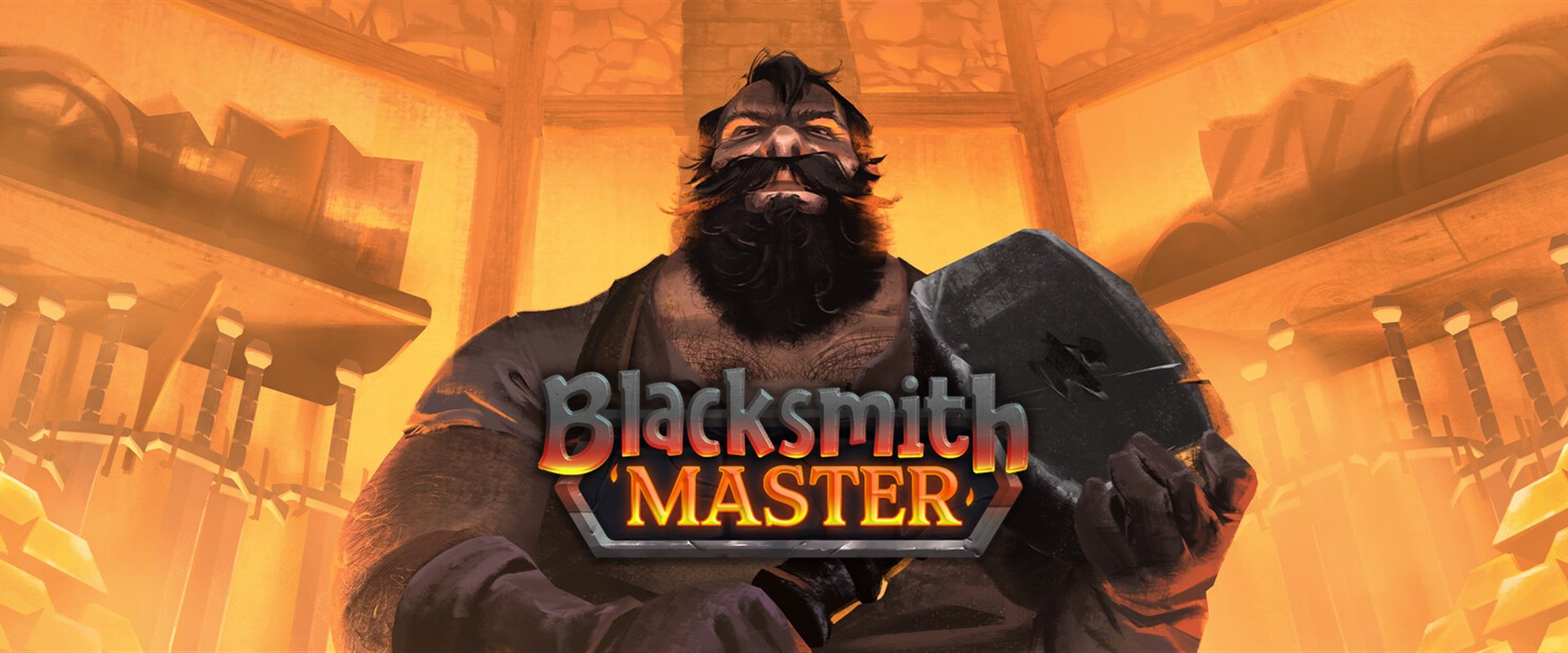 Visuel officiel de Blacksmith Master : un forgeron barbu tient un marteau, avec le logo du jeu