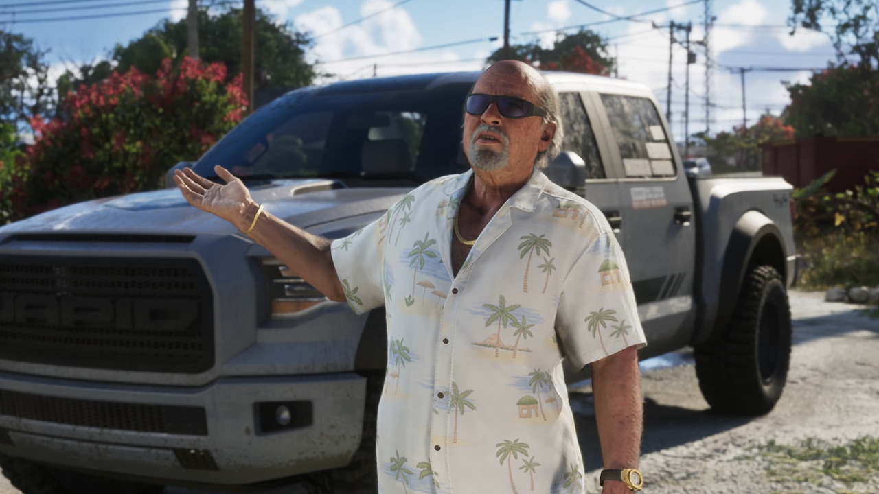 Brian Heder, personnage de GTA VI, gesticulant devant un pick-up dans les Leonida Keys