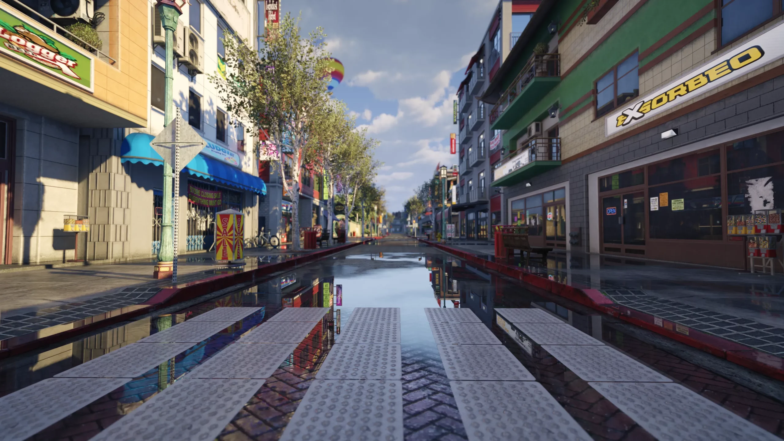 Une rue commerçante sous la pluie dans Cypress Flats