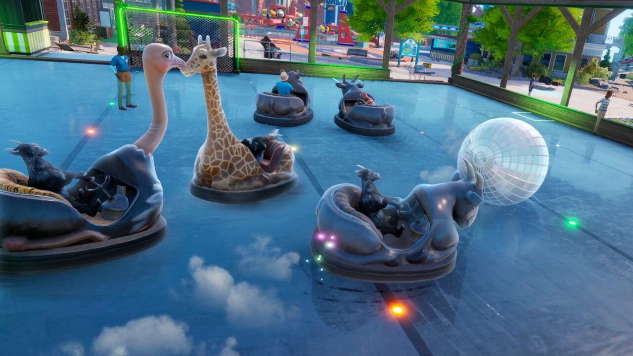 Des chèvres aux commandes d’autos tamponneuses en forme d’autruche, de girafe et de taureau dans Goat Simulator 3