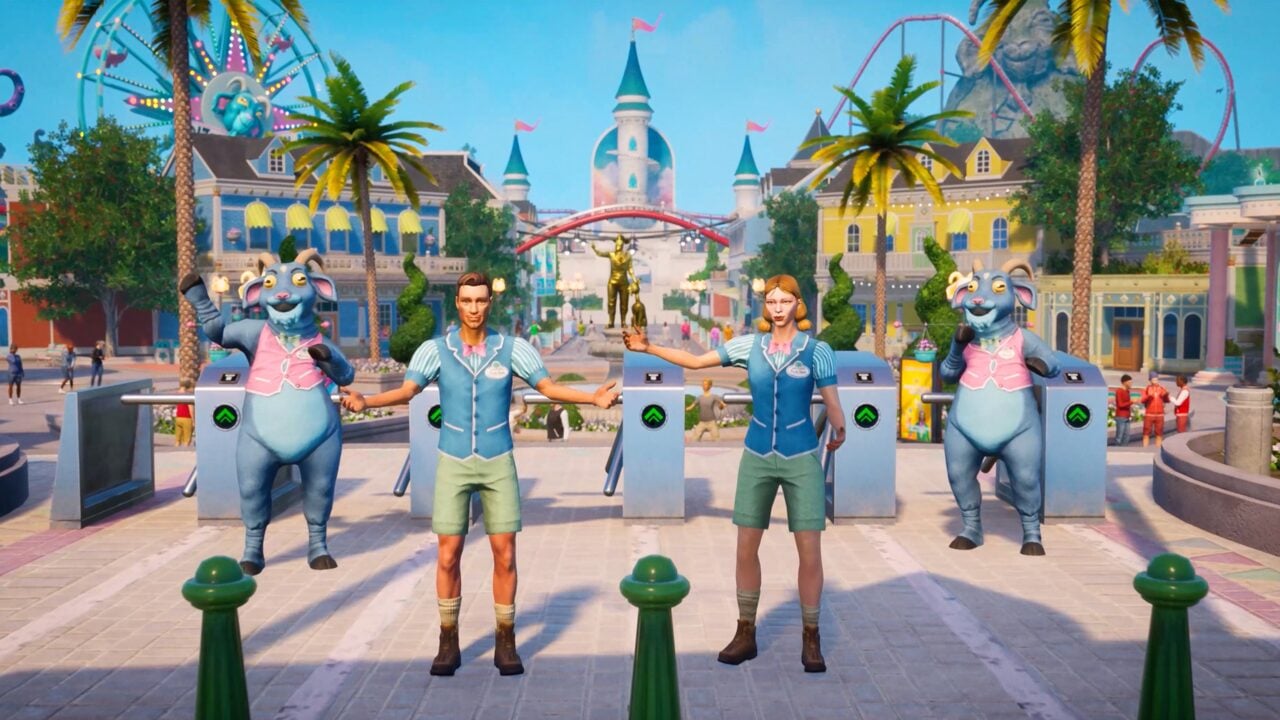 L’entrée du parc d’attractions Dizzyworld dans Goat Simulator 3, avec deux employés, deux mascottes chèvres et un château de conte de fées