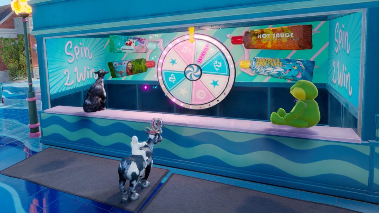 Une chèvre devant un stand de roue de la fortune rempli de lots dans Goat Simulator 3