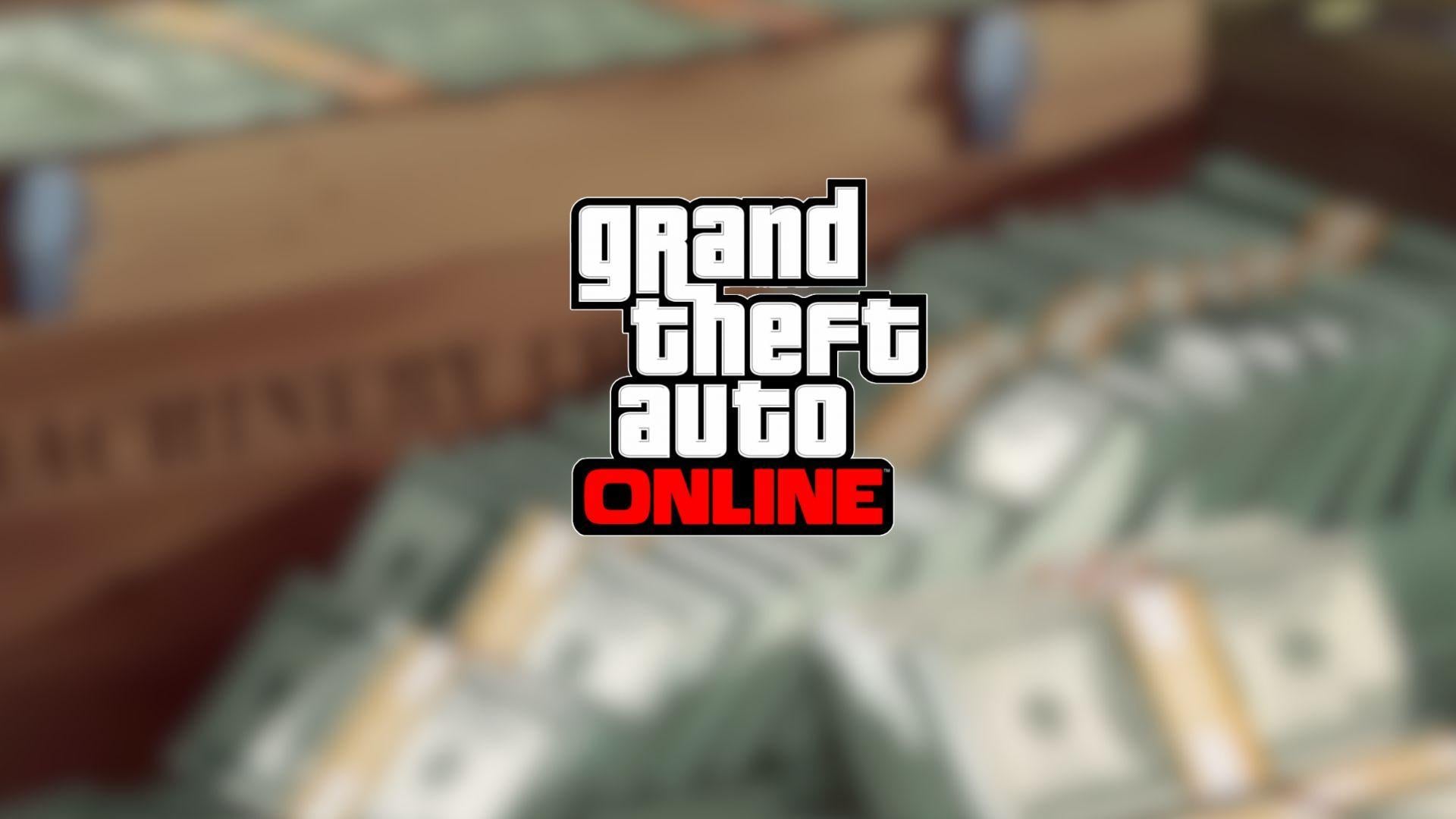 Logo de GTA Online devant des liasses de billets de banque floutées