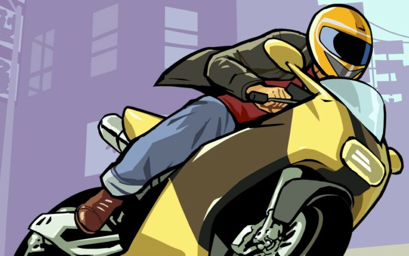 Illustration officielle de GTA Chinatown Wars montrant un motard sur une moto jaune devant des enseignes asiatiques