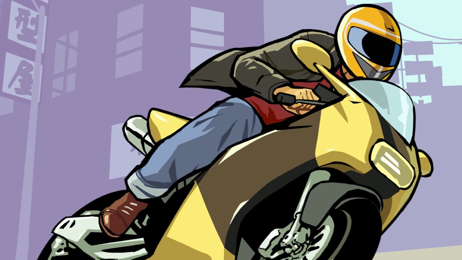 Illustration officielle de GTA Chinatown Wars montrant un motard sur une moto jaune devant des enseignes asiatiques