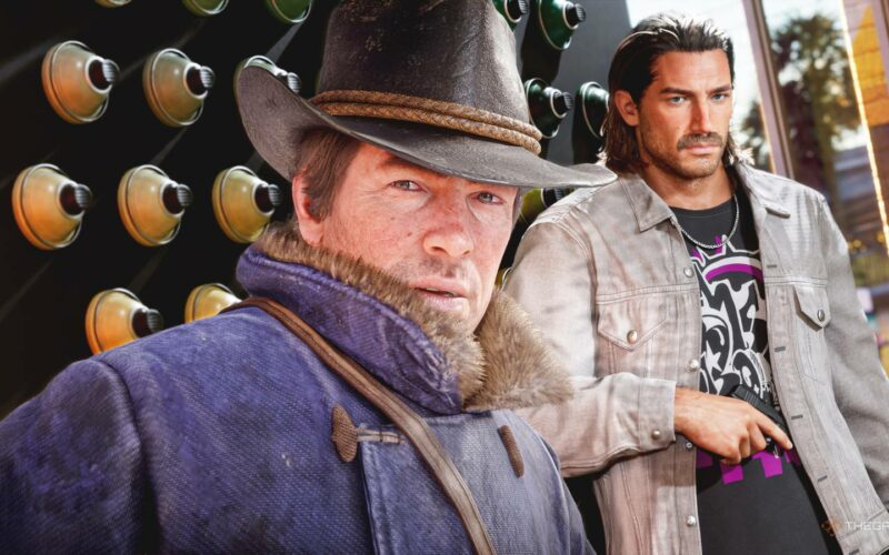 Arthur Morgan de Red Dead Redemption 2 au premier plan, Jason Duval de GTA VI en veste en jean à l’arrière-plan