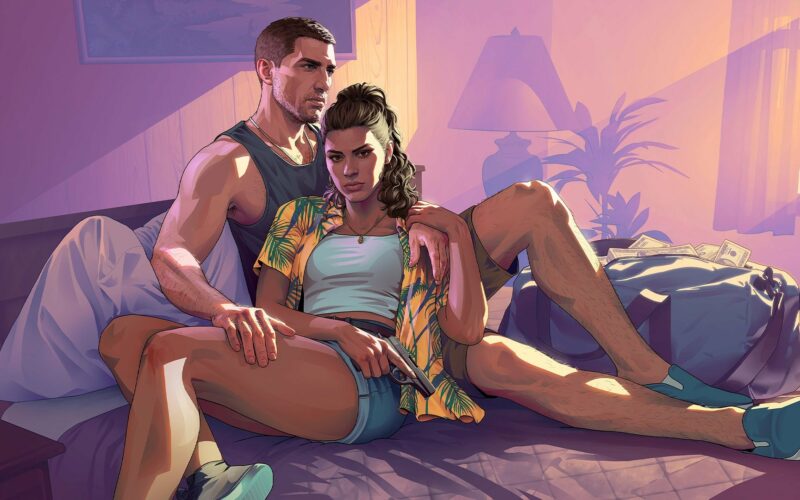 Artwork officiel de GTA VI : Jason et Lucia assis sur un lit de motel, Lucia tenant un pistolet, un sac de billets à côté