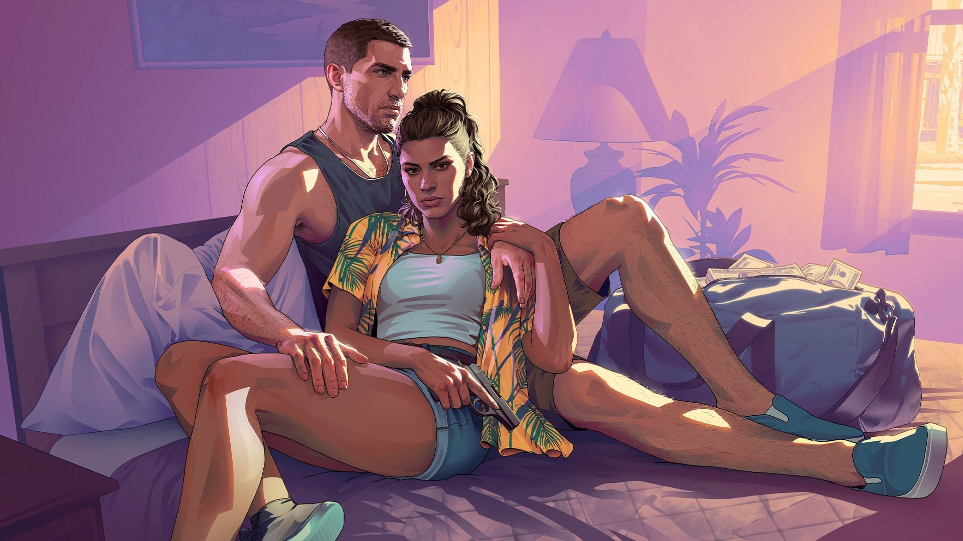 Artwork officiel de GTA VI : Jason et Lucia assis sur un lit de motel, Lucia tenant un pistolet, un sac de billets à côté