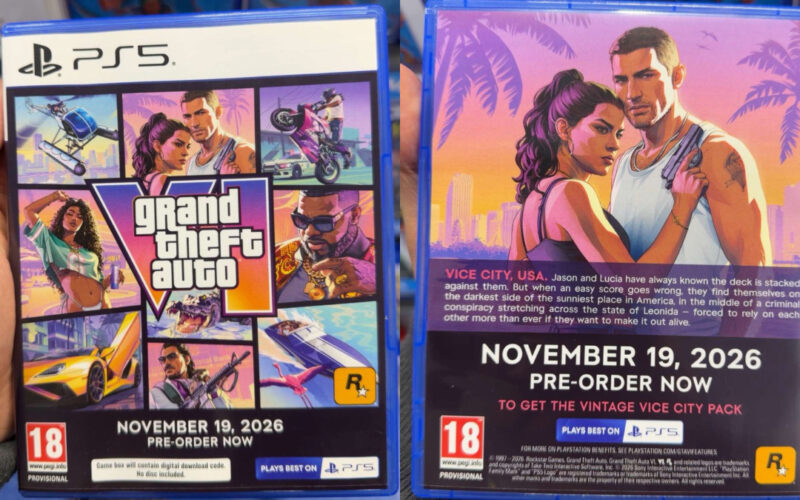Recto et verso d’un boîtier PS5 factice de GTA VI photographié en magasin, avec Jason et Lucia et la mention 19 novembre 2026