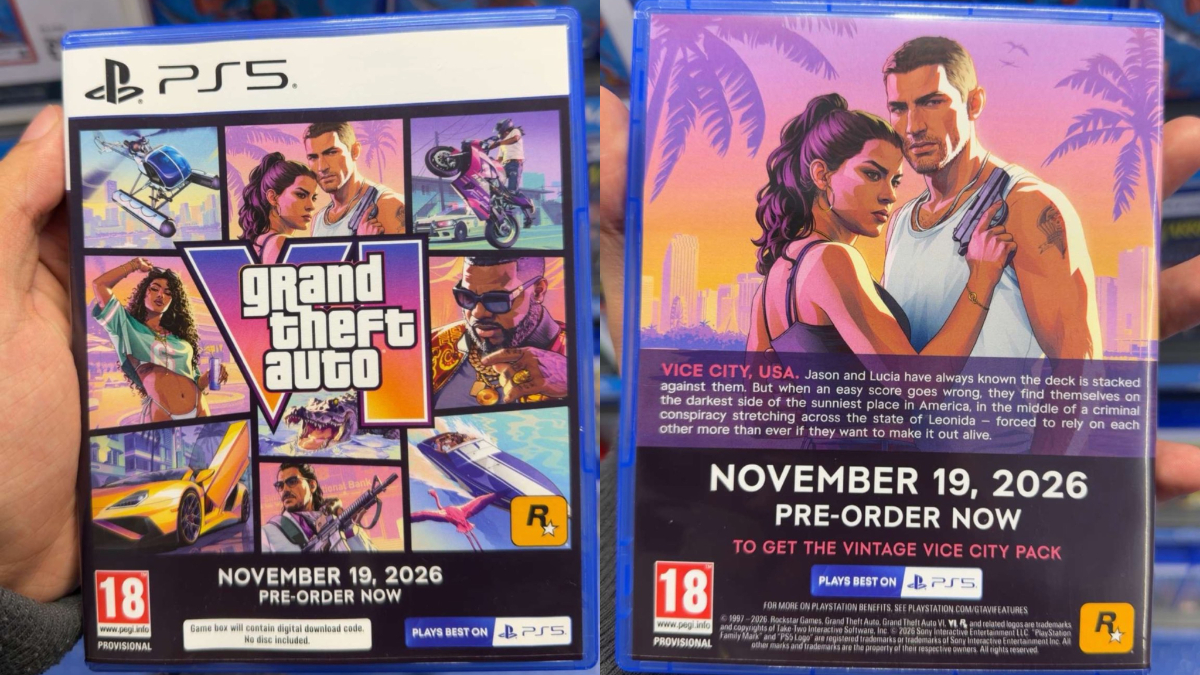 Recto et verso d’un boîtier PS5 factice de GTA VI photographié en magasin, avec Jason et Lucia et la mention 19 novembre 2026