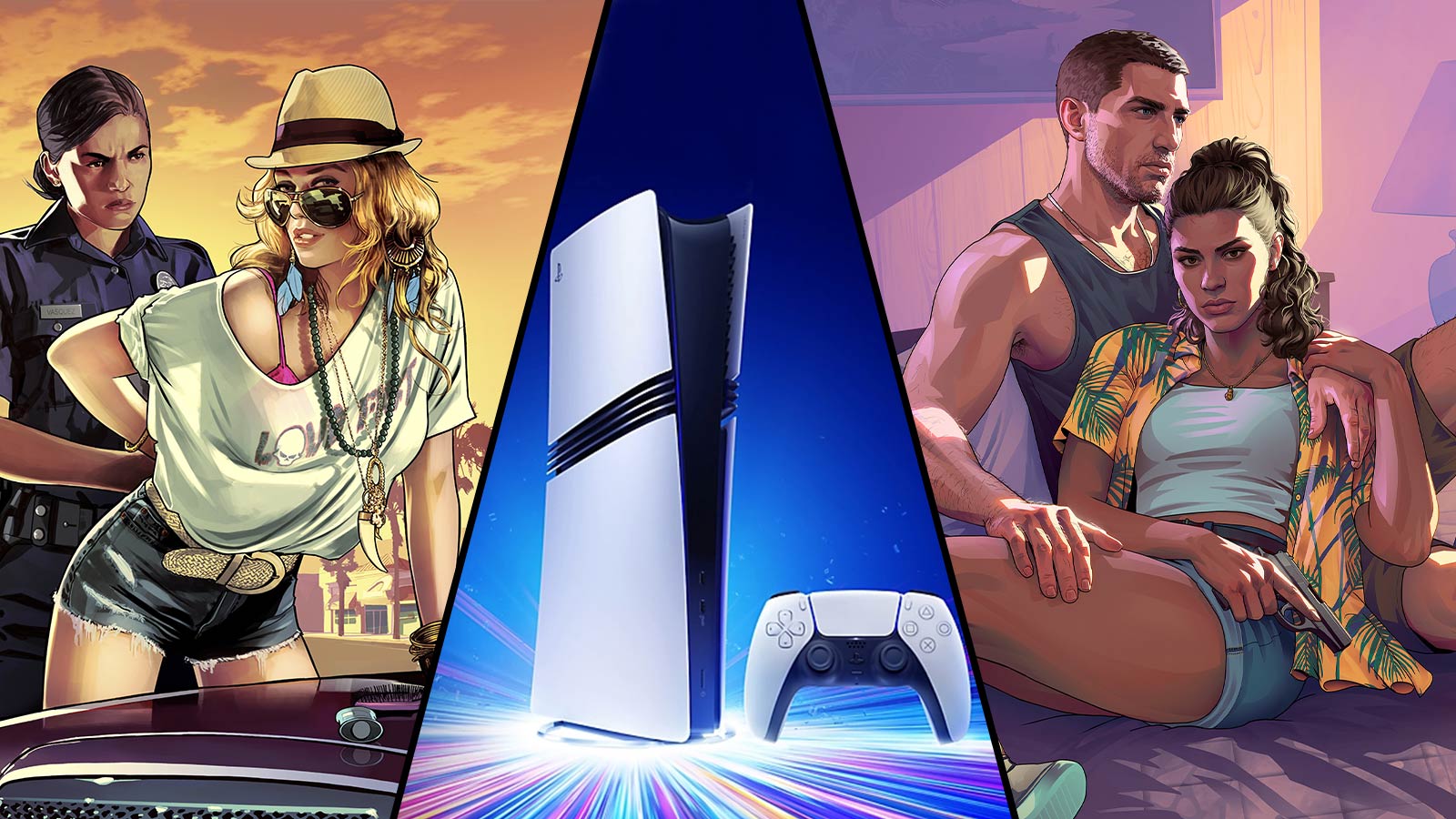 Visuel montrant l’art de GTA V, une PS5 et l’art de GTA VI avec Jason et Lucia