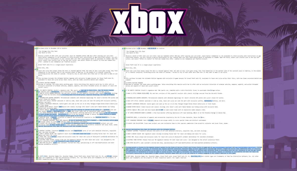 Comparaison de la description de GTA VI sur le Xbox Store avant et après sa mise à jour, avec Vice City ajouté aux marques