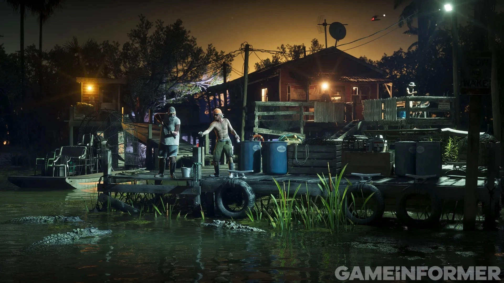 Capture de GTA VI publiée par Game Informer : une cabane sur pilotis et un ponton dans les marais à la nuit tombée