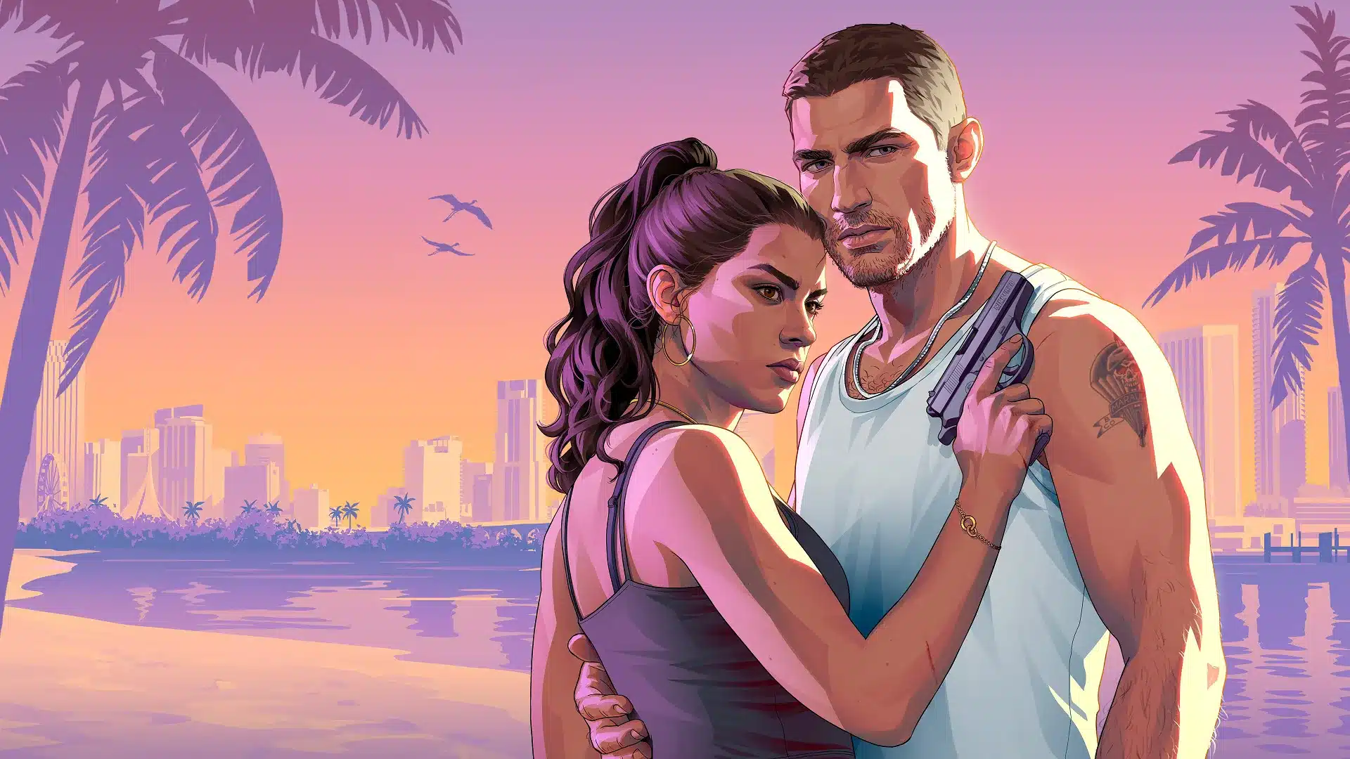 Artwork officiel de GTA VI montrant Lucia et Jason devant la baie de Vice City au coucher du soleil