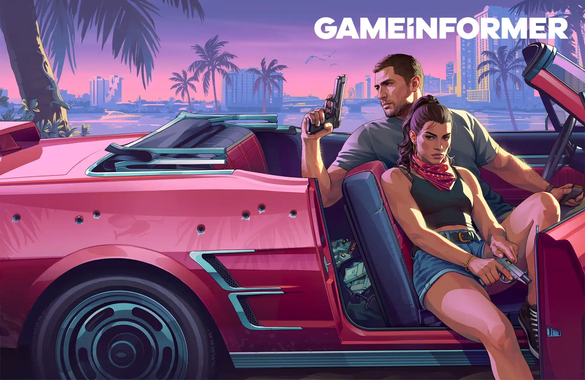 Couverture complète de Game Informer consacrée à GTA VI : Jason et Lucia armés dans un cabriolet rose criblé de balles devant Vice City