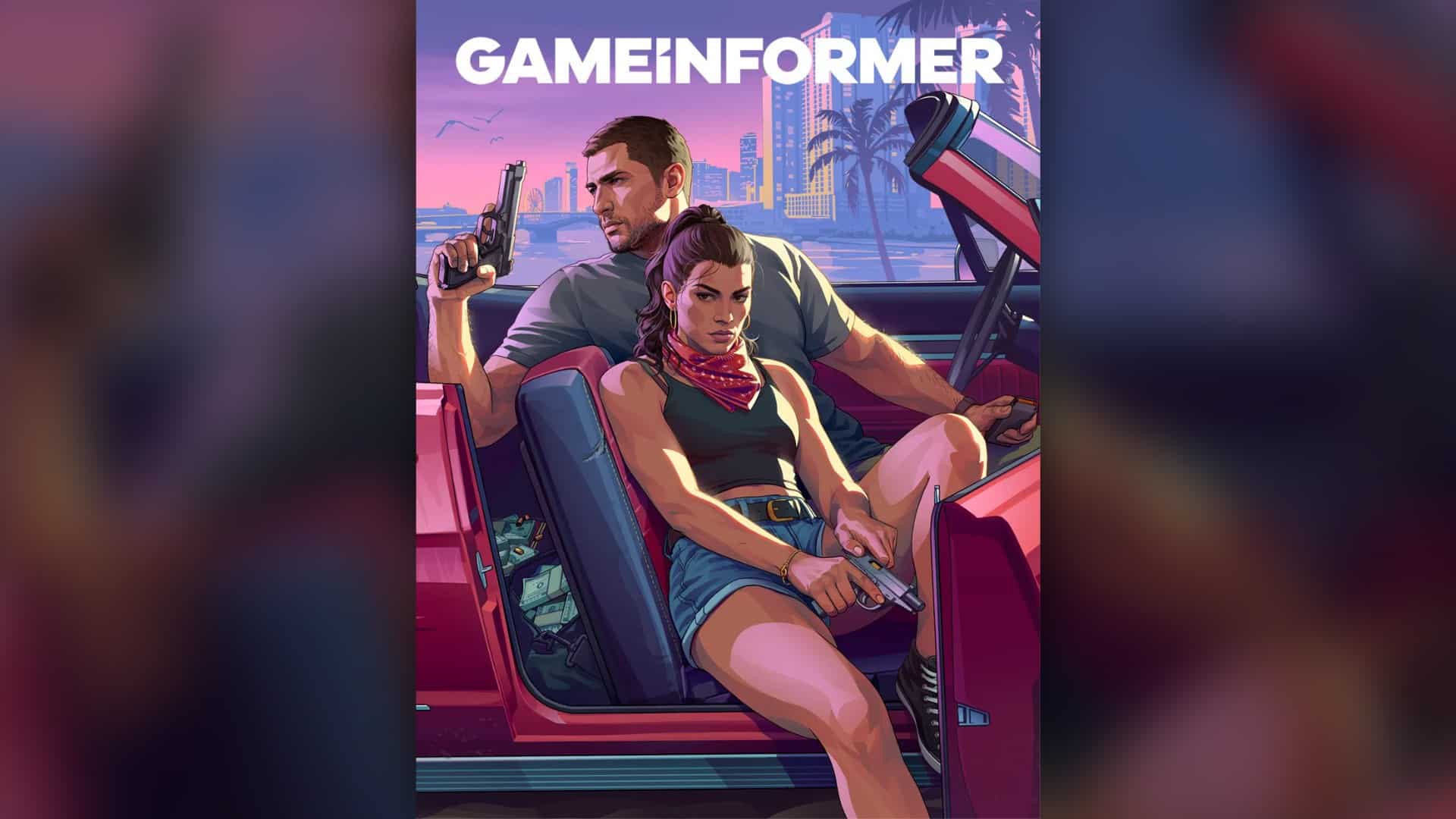 Couverture du magazine Game Informer consacrée à GTA VI : Jason arme au poing et Lucia assise dans une décapotable rouge, devant la baie de Vice City