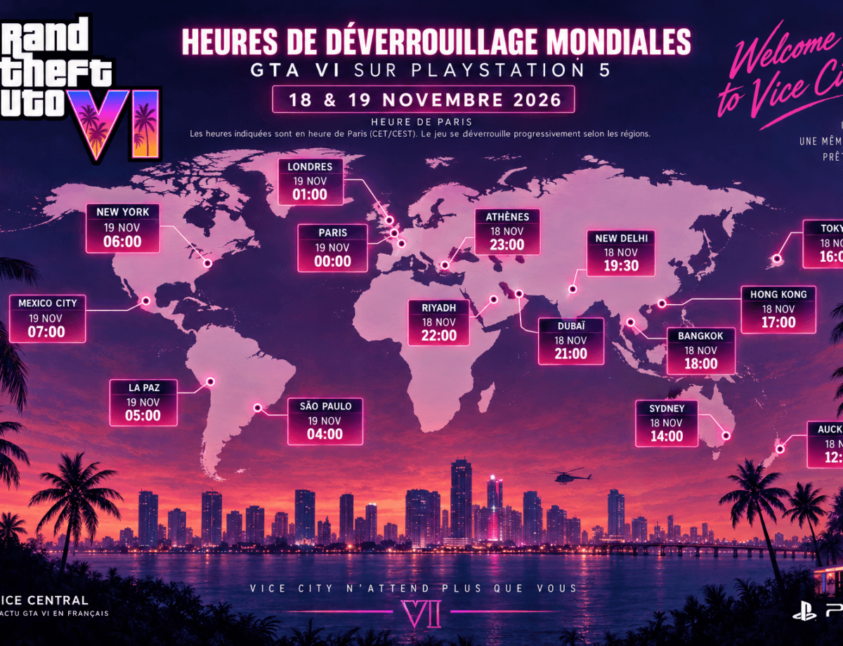 Carte du monde illustrant les heures de déverrouillage de GTA VI sur PS5 dans plusieurs villes, en heure de Paris, les 18 et 19 novembre 2026