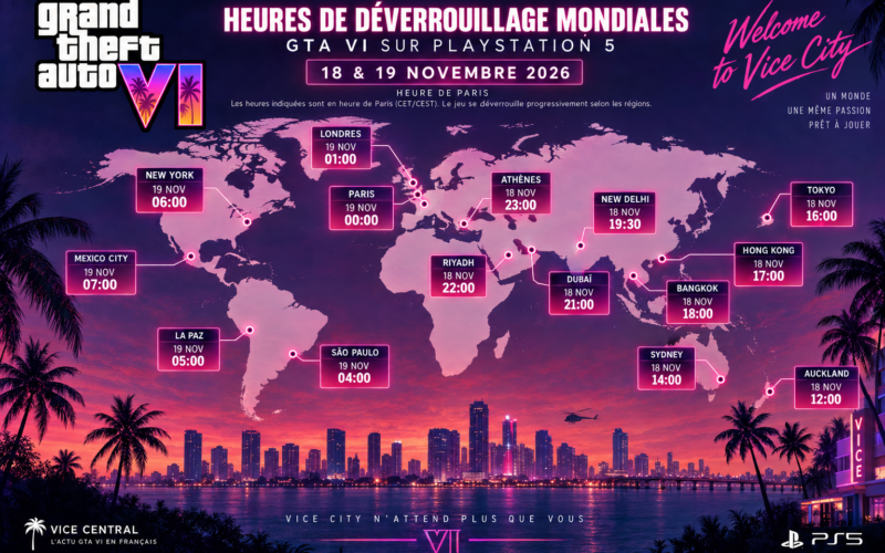 Carte du monde illustrant les heures de déverrouillage de GTA VI sur PS5 dans plusieurs villes, en heure de Paris, les 18 et 19 novembre 2026