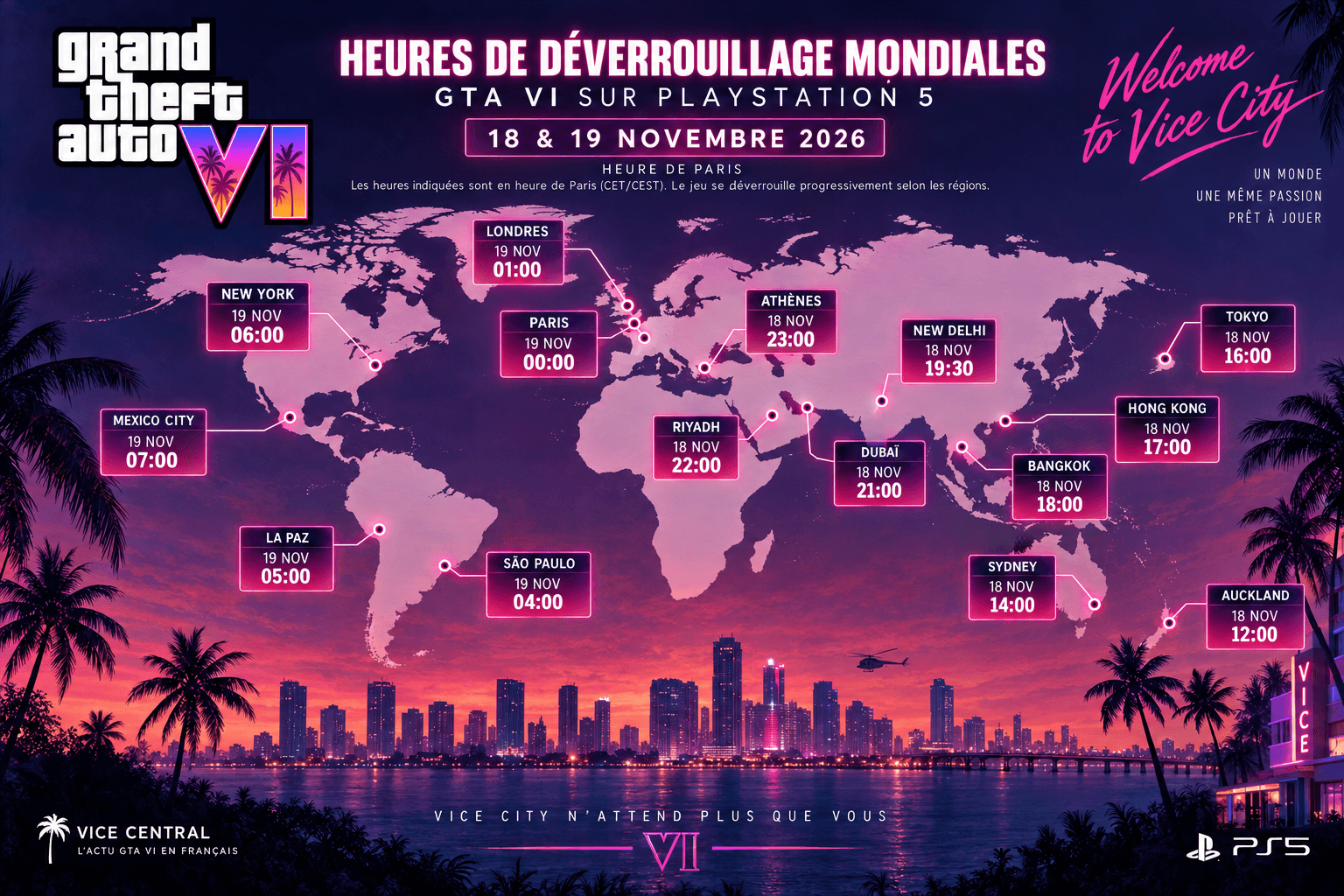 Carte du monde des heures de déverrouillage de GTA VI sur PS5 selon les fiches du PlayStation Store