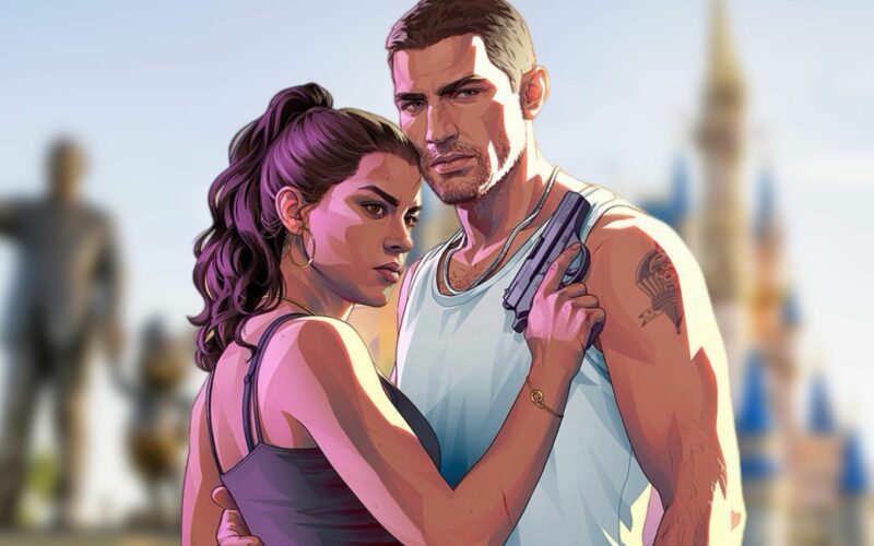 Jason et Lucia, les héros de GTA VI, devant le château de Cendrillon de Walt Disney World, flou en arrière-plan