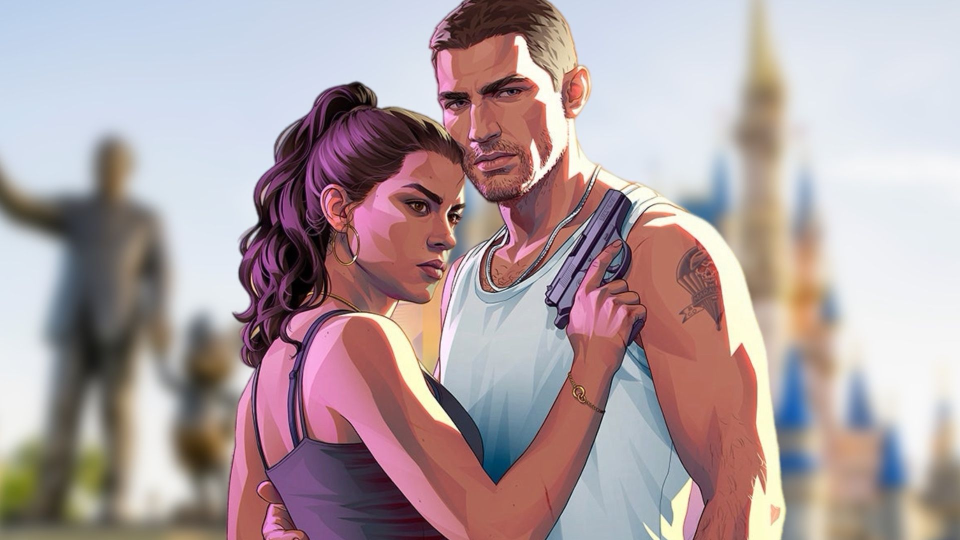 Jason et Lucia, les héros de GTA VI, devant le château de Cendrillon de Walt Disney World, flou en arrière-plan