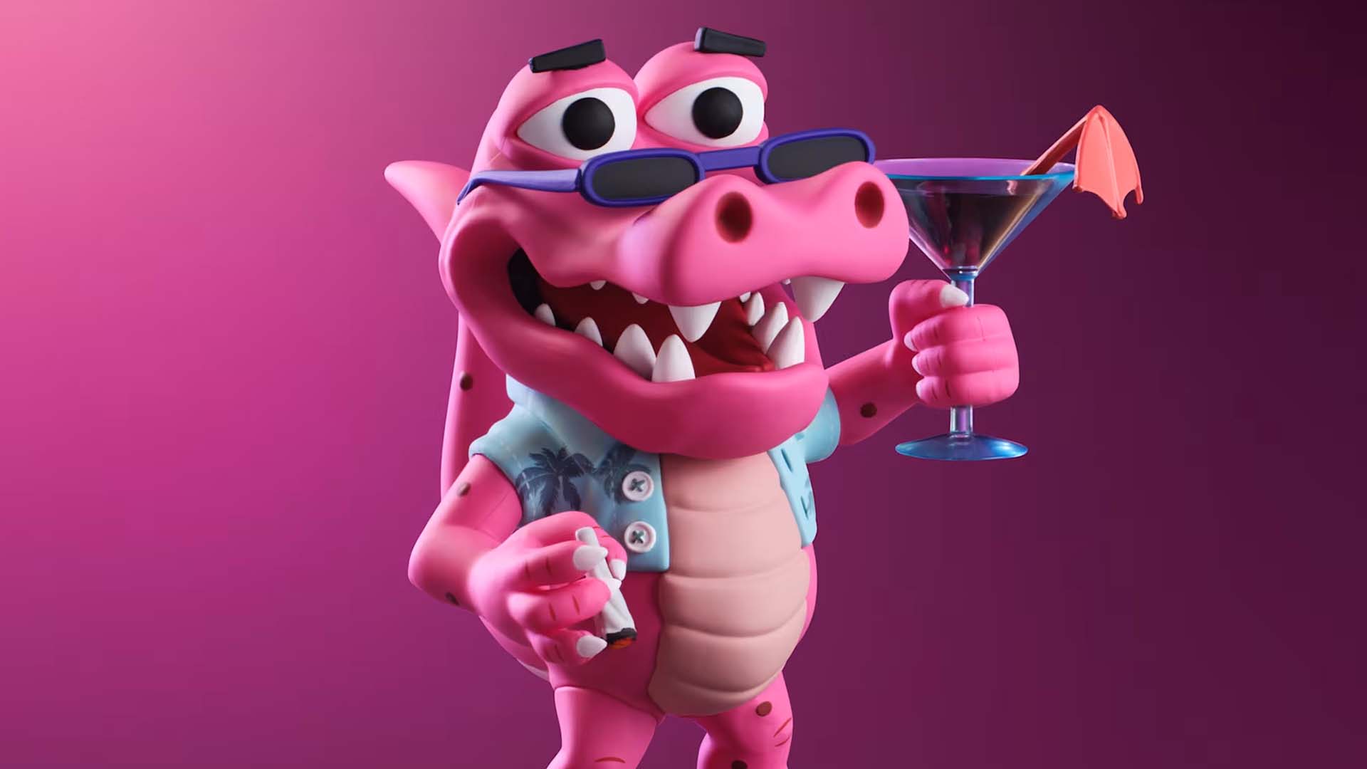 Rendu officiel de la figurine Macca the Gator, un alligator rose à lunettes et chemise à palmiers, un cocktail à la main