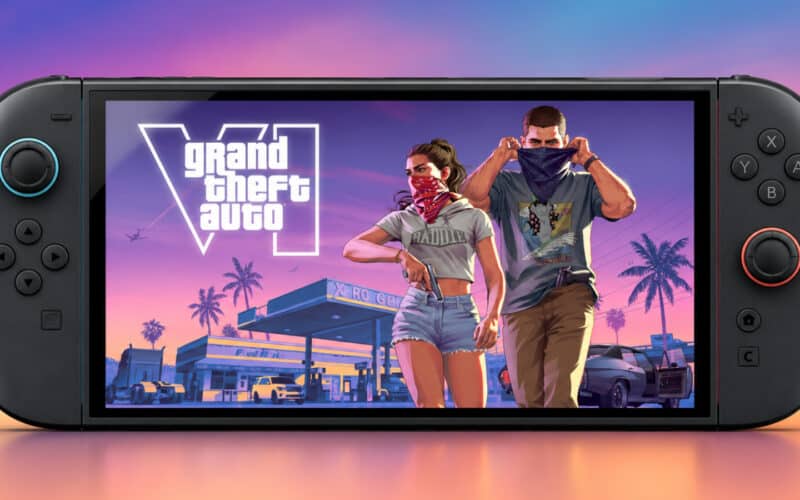 Montage montrant la jaquette de GTA VI avec Jason et Lucia sur l’écran d’une Nintendo Switch 2
