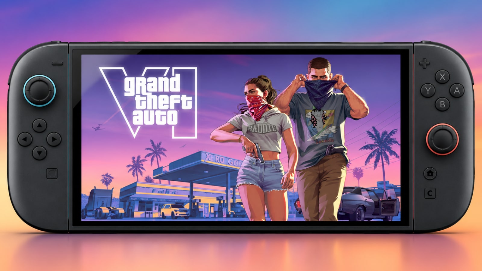Montage montrant la jaquette de GTA VI avec Jason et Lucia sur l’écran d’une Nintendo Switch 2