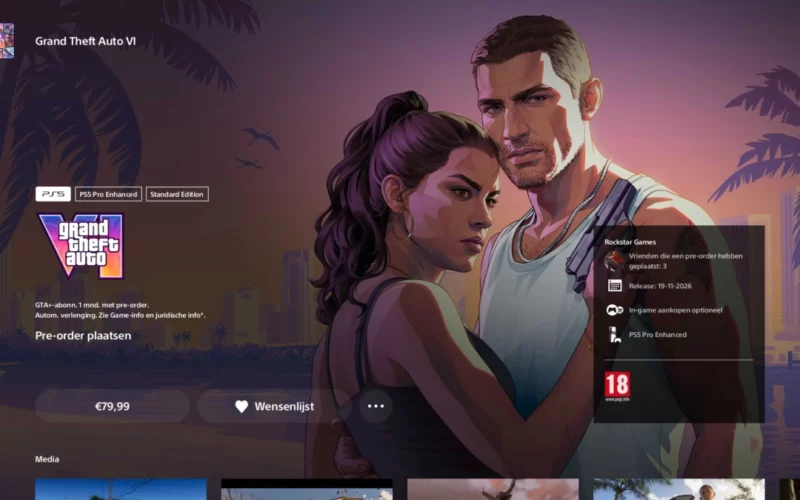 Fiche de GTA VI sur le PlayStation Store néerlandais : Jason et Lucia, prix de 79,99 €, sortie le 19-11-2026 et logo PEGI 18