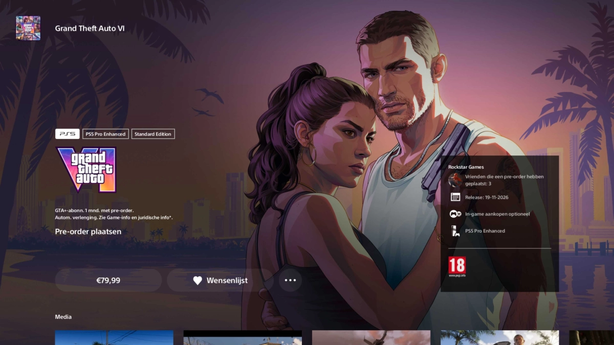 Fiche de GTA VI sur le PlayStation Store néerlandais : Jason et Lucia, prix de 79,99 €, sortie le 19-11-2026 et logo PEGI 18