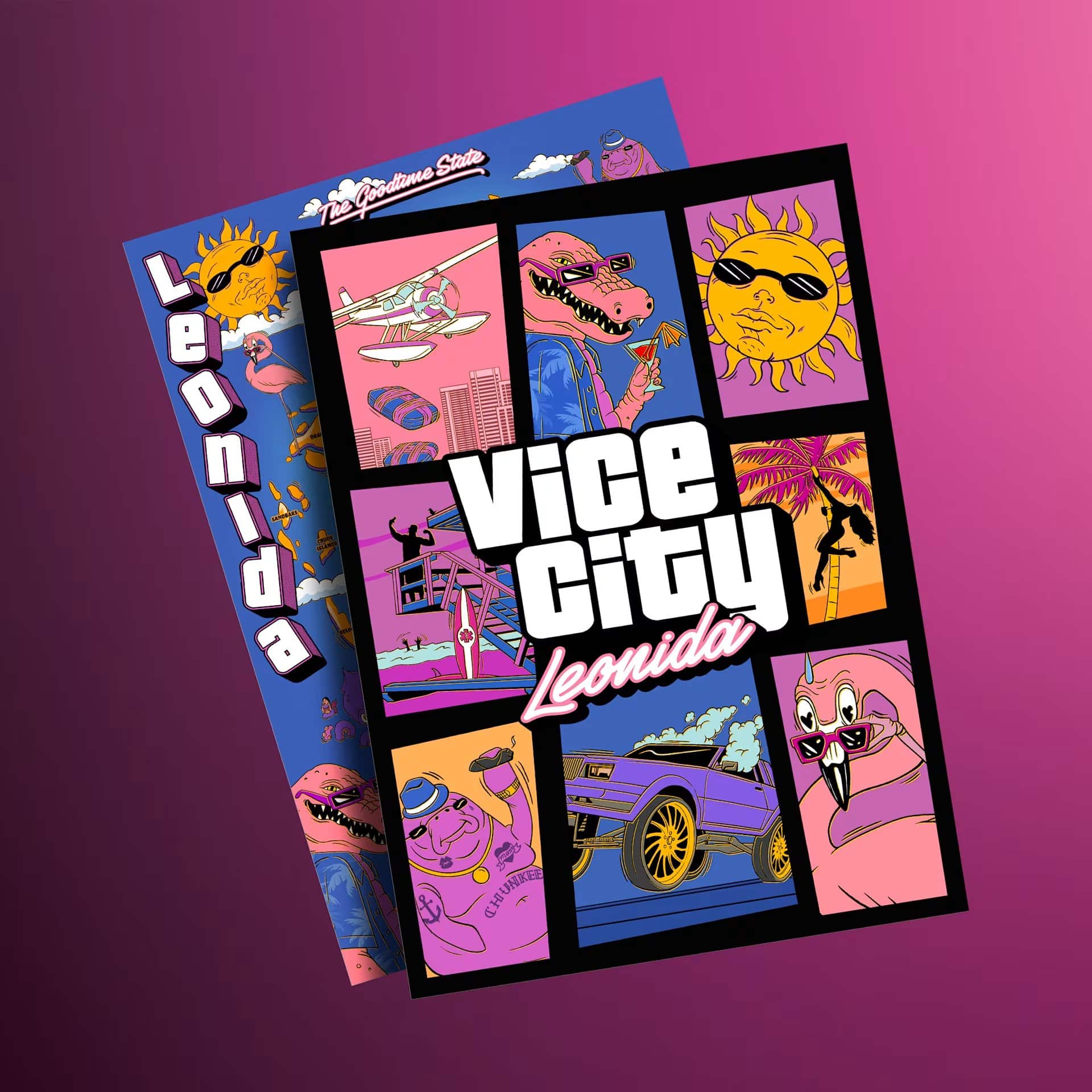 Poster recto verso Vice City Leonida du coffret GTA VI, dont le verso laisse voir une carte de Leonida avec des noms d’îles