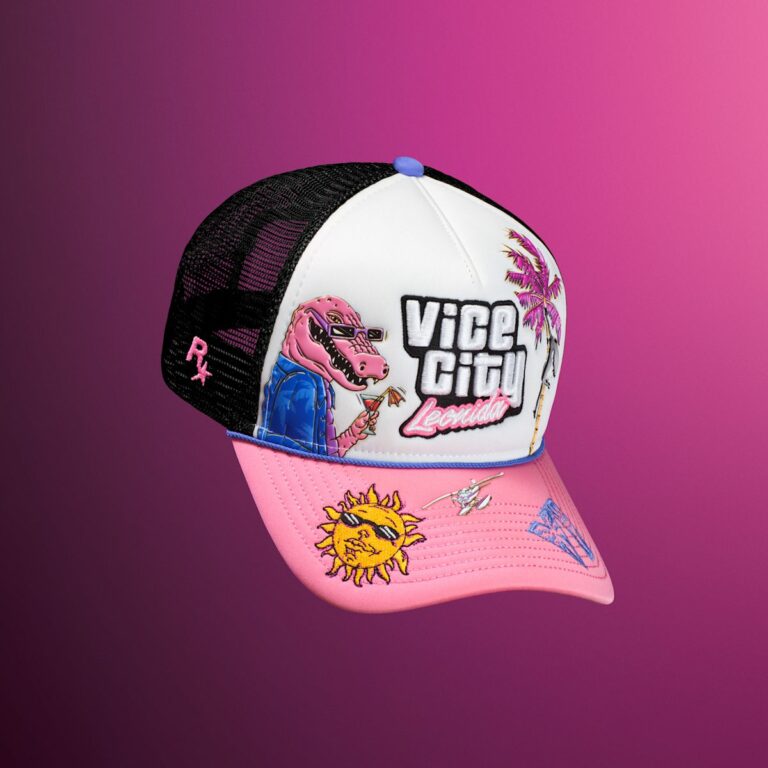 Casquette New Era 9FORTY blanche, noire et rose brodée Vice City Leonida avec Macca the Gator