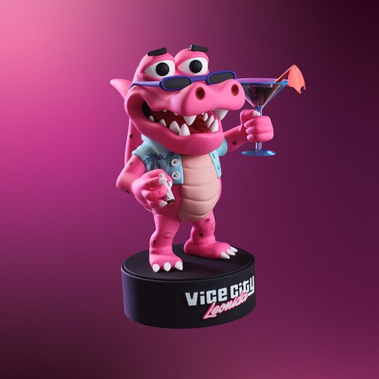 Figurine rose de Macca the Gator, un alligator en chemise tenant un cocktail, sur un socle Vice City Leonida