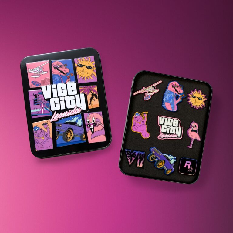 Boîte métallique Vice City et neuf pin’s en émail Leonida Keys