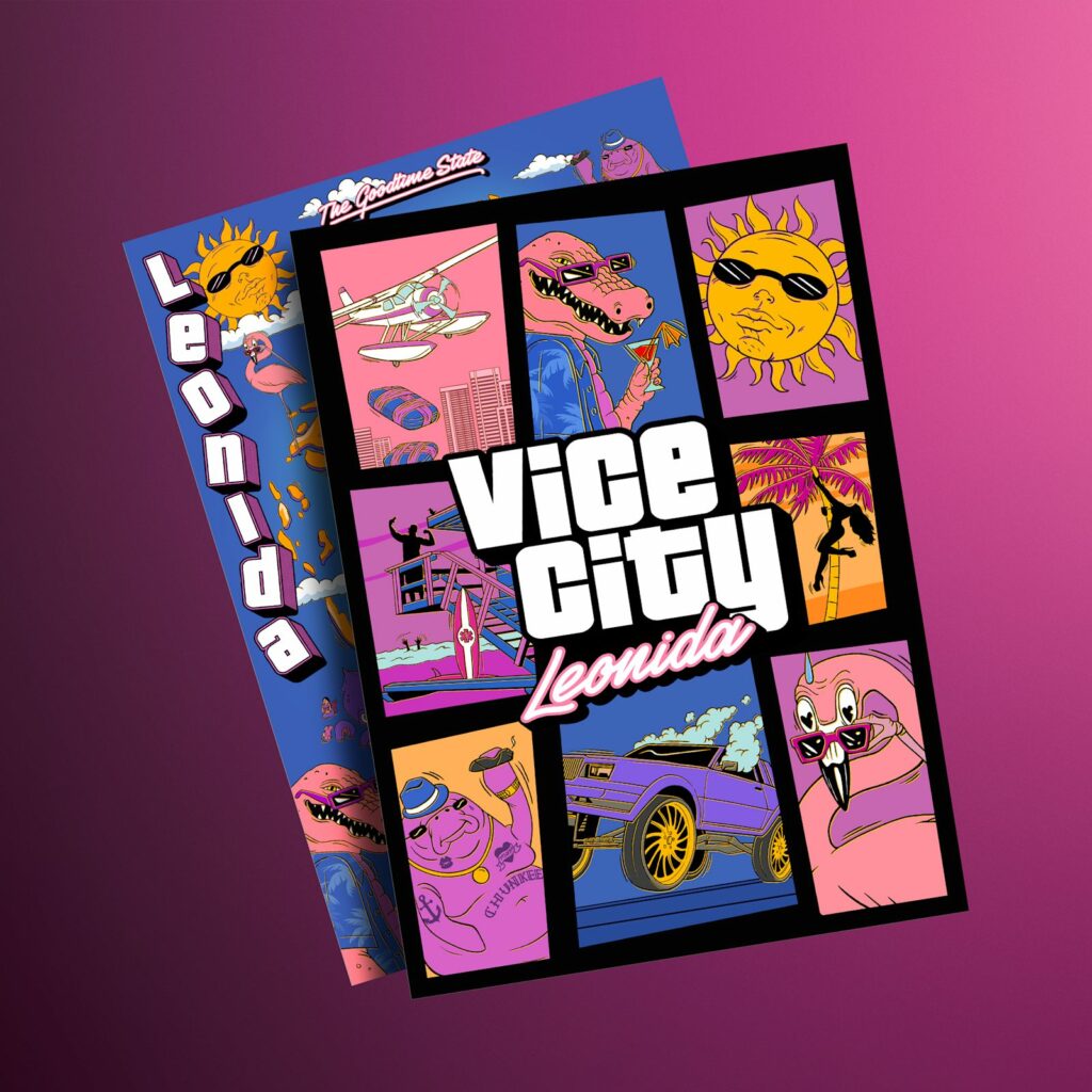 Poster Vice City Leonida en cases de bande dessinée avec Macca the Gator, Chunkee le lamantin et un flamant rose, et son verso Leonida