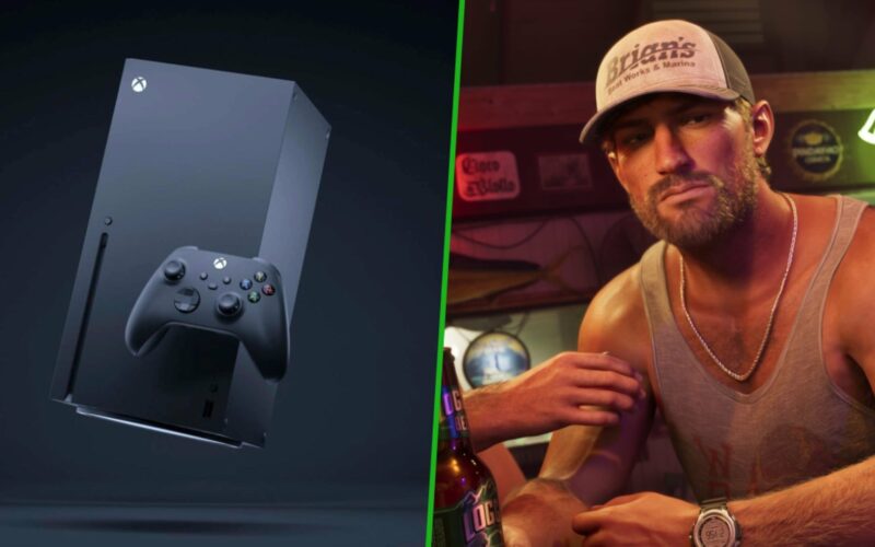 Une Xbox Series X et sa manette à côté d’un personnage de GTA VI accoudé à un bar