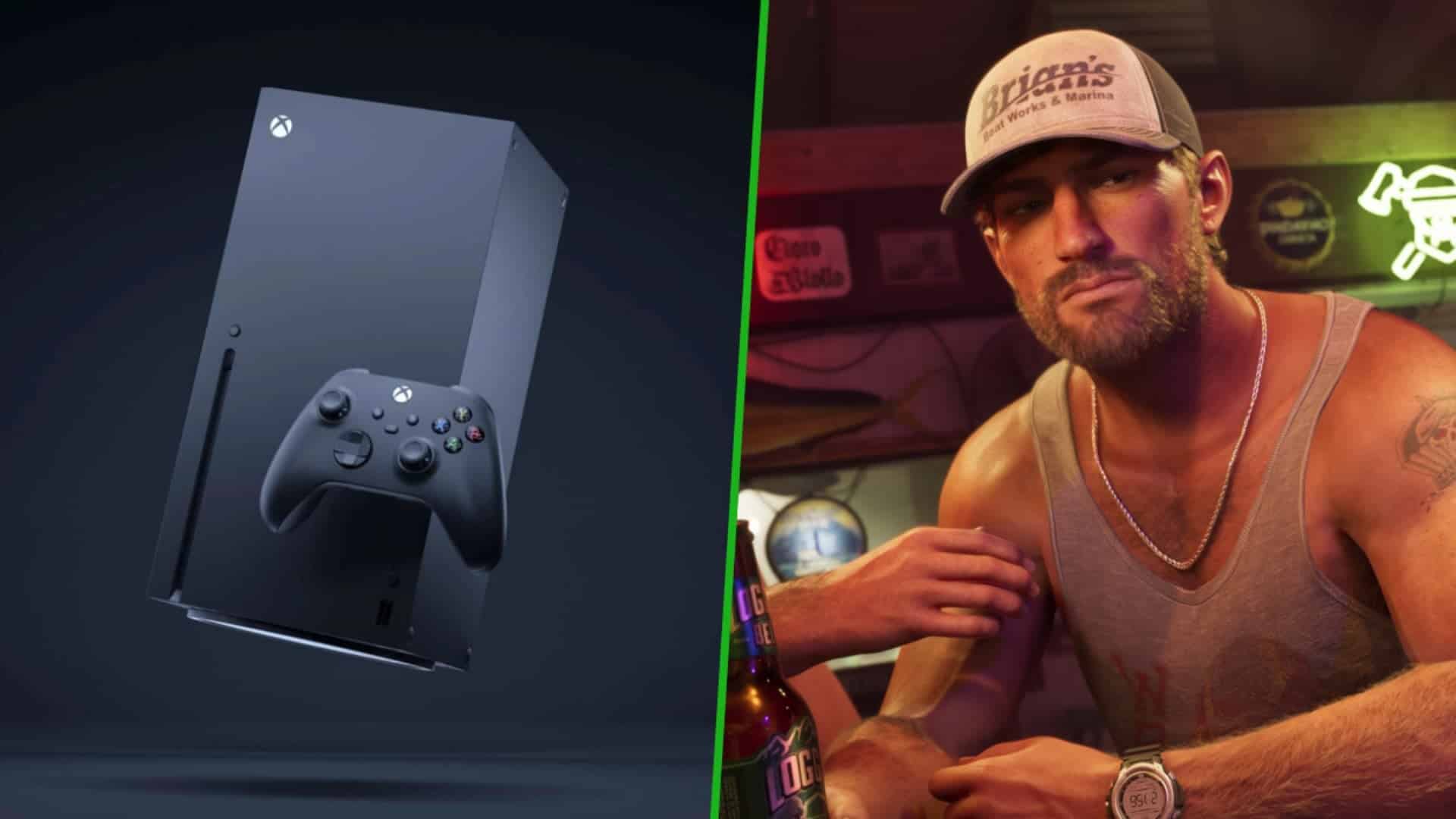 Une Xbox Series X et sa manette à côté d’un personnage de GTA VI accoudé à un bar