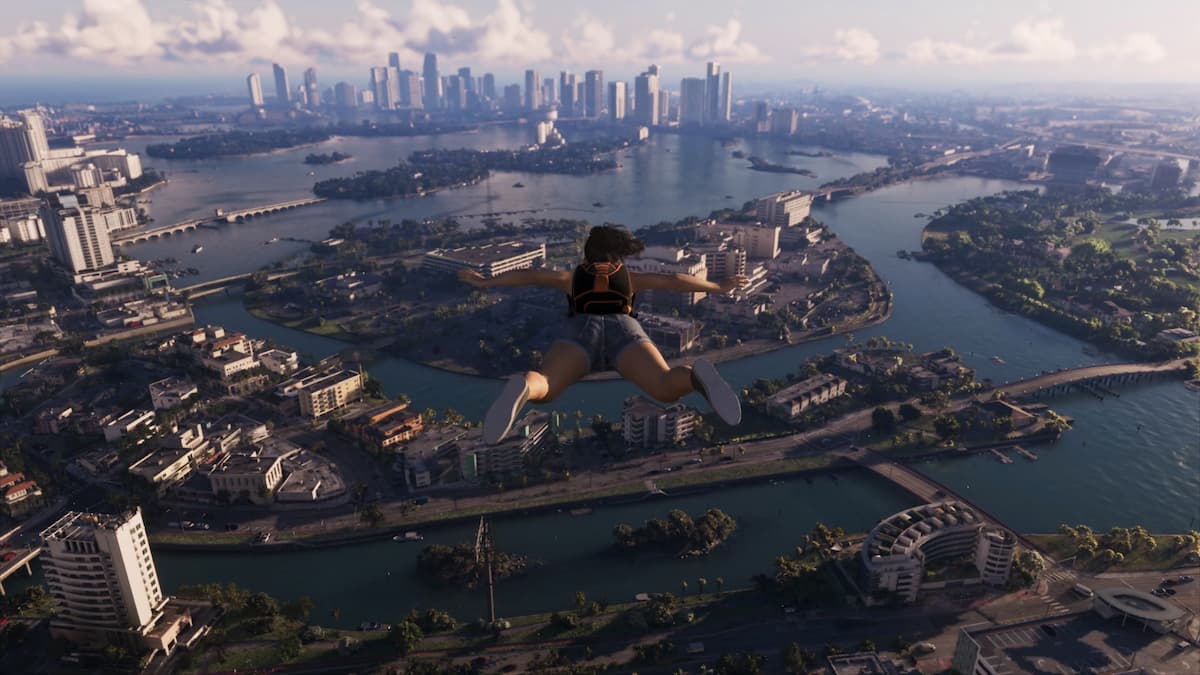 Lucia Caminos en plein saut de base jump dans GTA VI